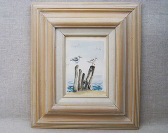 Beach Landscape Watercolor Painting, Framed Original Birds Seaside Vintage Wall Art Coastal Home Décor