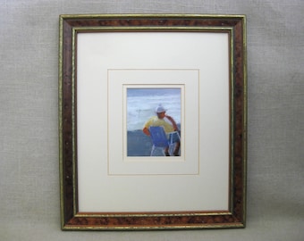 Vintage Male Portrait Beach Landscape Pastel Drawing, Framed Original Beach House Décor