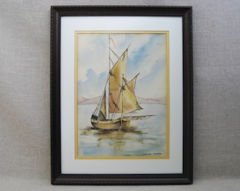 Sailboat Painting Seaside Landscape, Original Watercolor Framed Wall Art Coastal Beach Home Décor