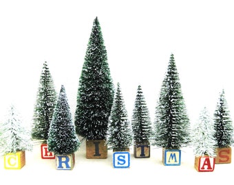 Vintage Bottle Brush Trees on Antique Wooden Alphabet Blocks Spelling C H R I S T M A S