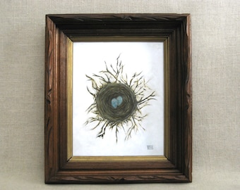 Original Bird Nest Painting Wall Art Ornithologist Library Home Décor Romantic Love Housewarming Gift