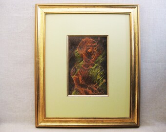 Colorful Mid-Century Female Portrait Drawing, Framed Original Wall Art Vintage Home Décor Housewarming Gift