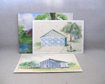 Rural Country Barn Paintings, Original Watercolor Unframed Rustic Cabin Décor