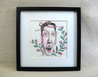 Contemporary Female Portrait Watercolor Painting, Framed Original Wall Art Flowers Hand Painted Housewarming Gift