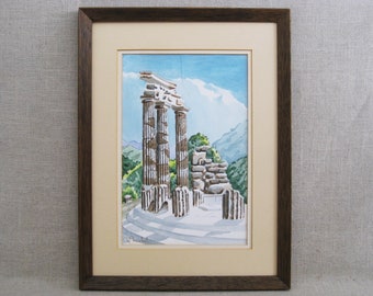 Architectural Landscape Watercolor Painting, Original of Delphi Greece, Framed Vintage Wall Art Home Décor