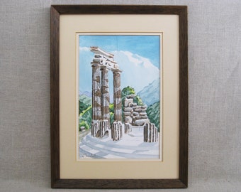 Vintage Architectural Landscape Watercolor Painting of Delphi Greece Framed Original Fine Art