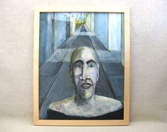 Surreal Male Portrait Painting, Original Urban Landscape Framed Wall Art Masculine Home Décor