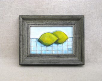 Small Lemon Still Life Painting Fruit and Kitchen Framed Original Fine Art