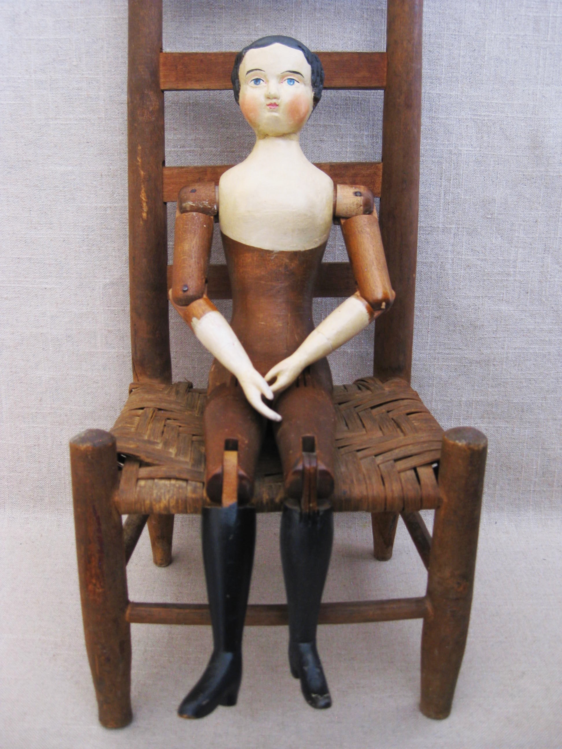 Vintage Wooden Jointed Doll, Antique Joel Ellis 19th Century Female Figure