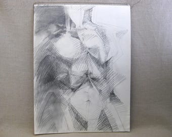 Surreal Male Portrait Drawing, Original Vintage Wall Art, Sara Drower, Home Décor UNFramed