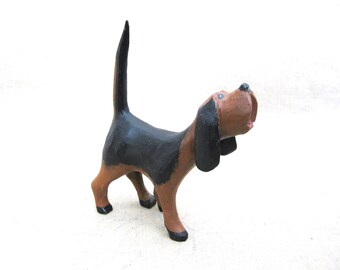 Hand Carved Dog Folk Art Hound Wood Carving, Vintage Animal Canine Figurine