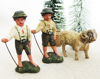 Vintage Miniature Shepherd Boys and Sheep Antique Papier-mâché Nativity, Christmas Village Figures Holiday Décor