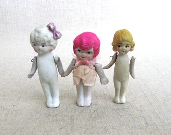 Vintage Bisque Penny Dolls Trio of Ceramic Children, Miniatures, Marked Japan