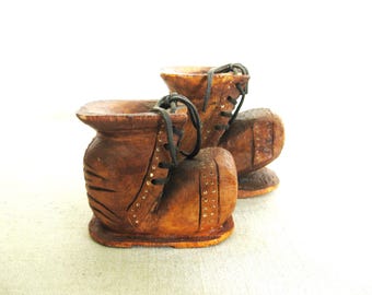 Vintage Wooden Boot Folk Art Carving Sculpture, Miniature Primitive Rustic Home Décor