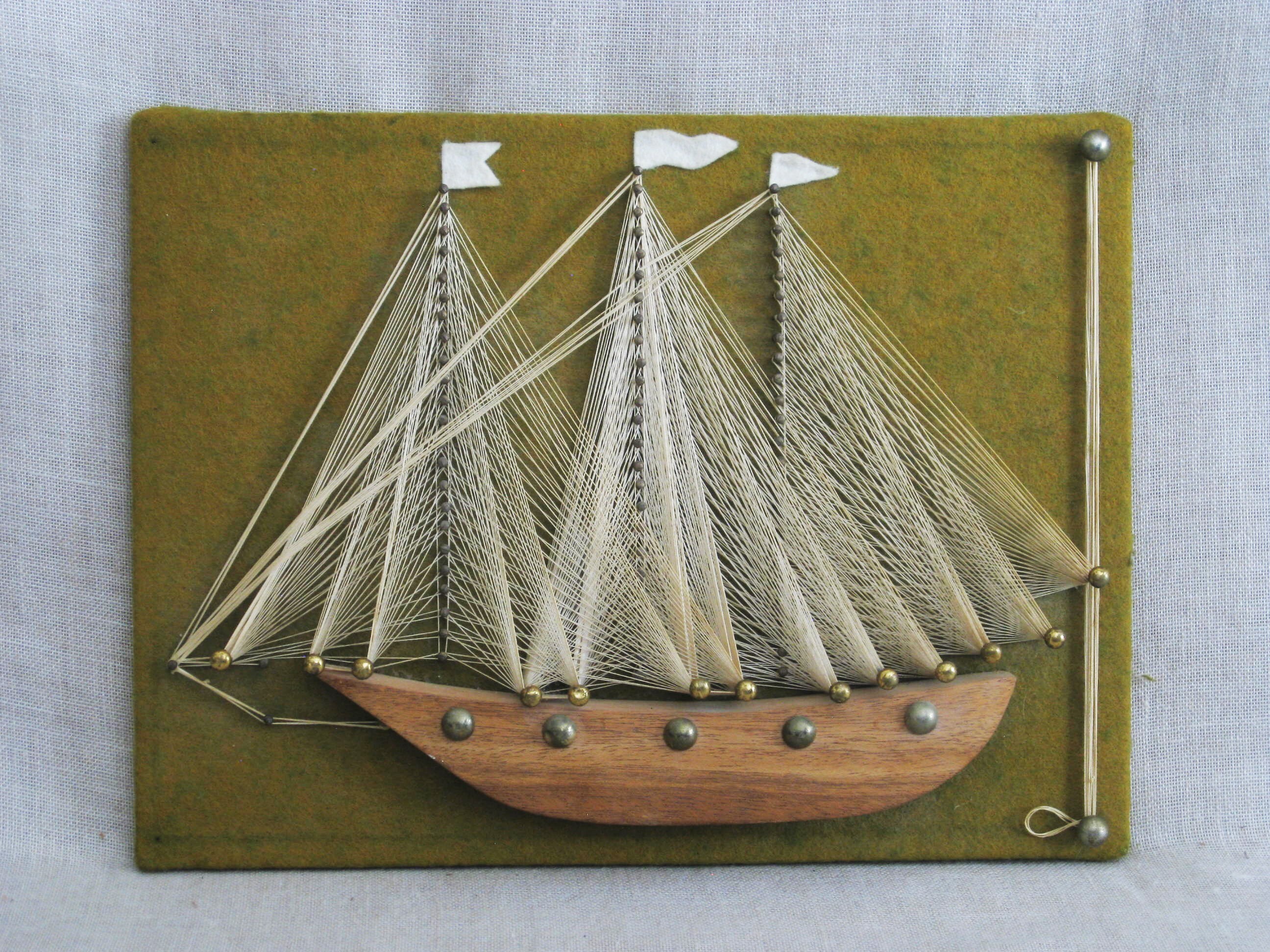 Vintage String Art, Sail Boat, Ship, Handmade, Nautical Wall Decor
