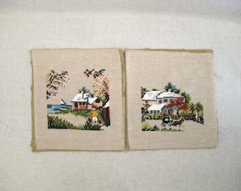 Architectural Landscape Needlepoint Pair, Vintage Cottage and Nursery Home Décor Hand Embroidery Wall Art