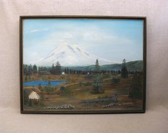 Vintage Mountain Landscape Painting, Original Western USA, Framed Mt Adams Surprise Lake