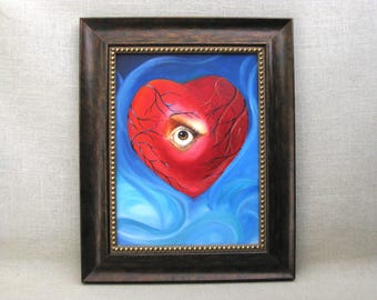 Surreal Lovers Eye, Heart Portrait Painting, Original Framed Wall Art Love and Romance Valentines Décor