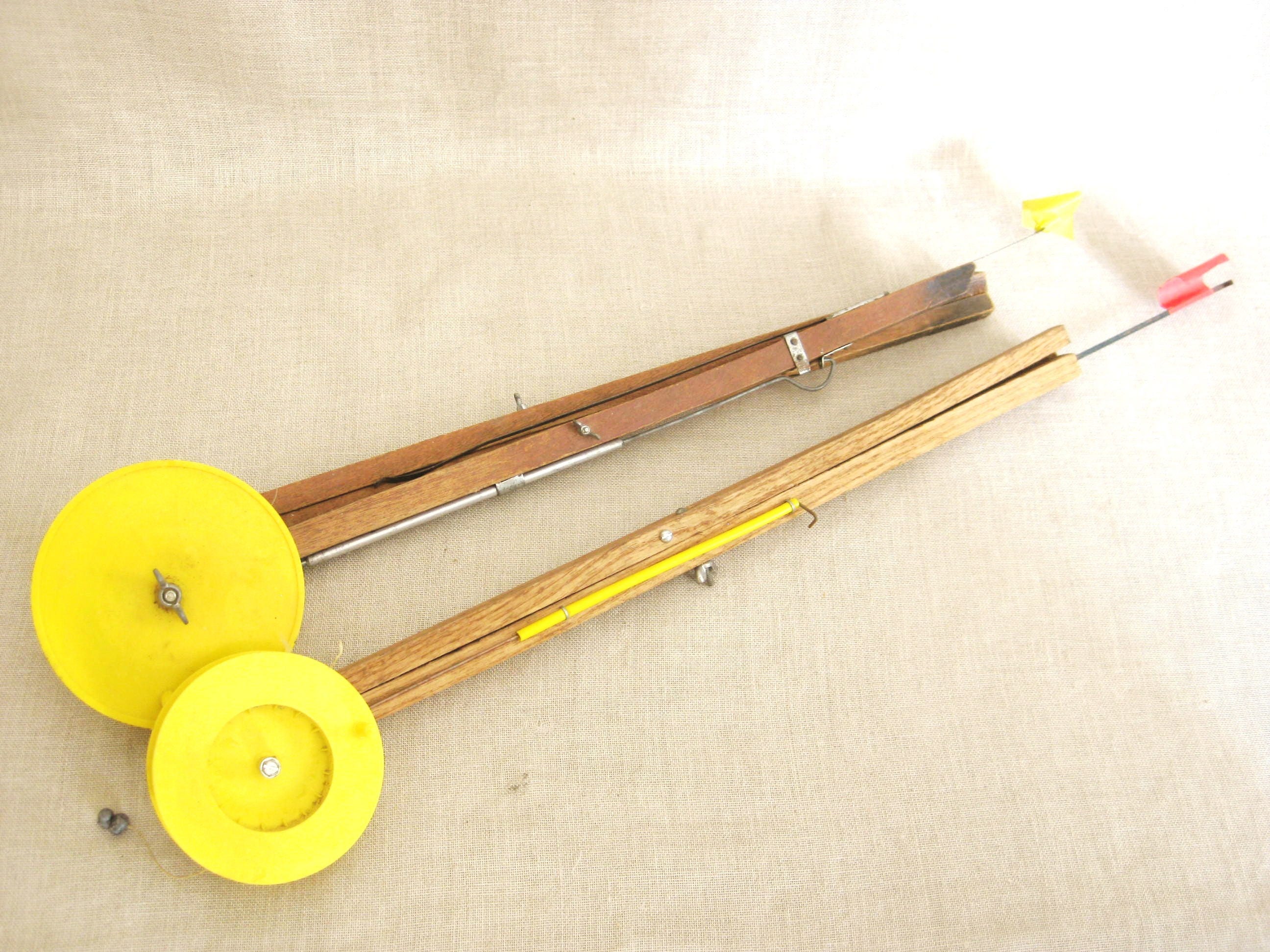 Vintage Wooden Ice Fishing Poles Rods Primitive Reels Etsy