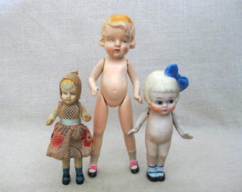 Vintage Bisque Doll Collection, Trio of Ceramic Japan Female Figure Toys Nursery Décor