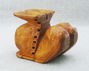 Primitive Boot Carving Sculpture, Folk Art Miniature Wooden Shoe Vintage Rustic Décor