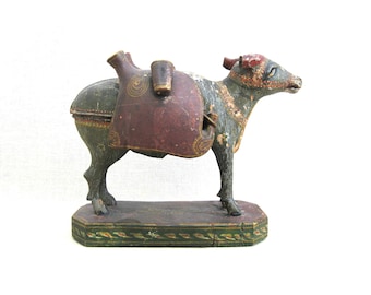 Nandi Folk Art Bull Carving Sculpture, from India, Vintage Animal Figures Rustic Cabin and International Décor