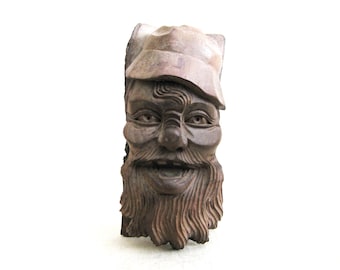 Vintage Folk Art Male Portrait Bust Sculpture, European Wood Carving, Rustic Décor