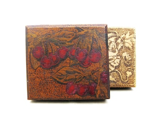 Vintage Folk Art Wooden Boxes, Flemish Pyrography Cherry Design, Tramp Art Storage