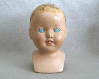 Vintage Composite Doll Head with Shoulder Yoke, Blue Eyes Female, Parts and Supplies