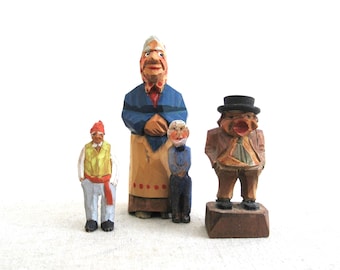 Miniature Flat Plane Folk Art Wood Carvings, Male and Female Group of 4