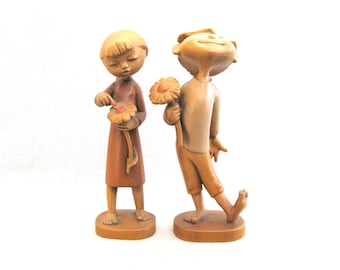 Carved Wood Anri Figure Sculptures, Boy and Girl with Flower, Siegfried Hafner Mid-Century Happy Children