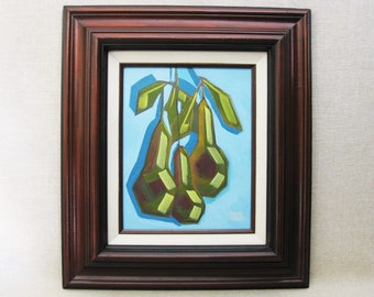 Original Pear Painting, Framed Original Fine Art Fruit Still Life, Kitchen and Dining Room Decor