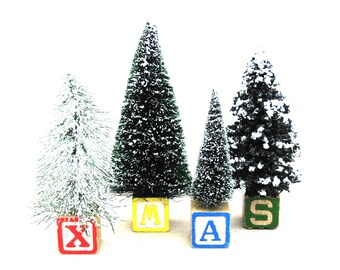 Vintage Bristle Brush Christmas Trees on Antique Wooden Alphabet Blocks X M A S Mantle Holiday Home Décor