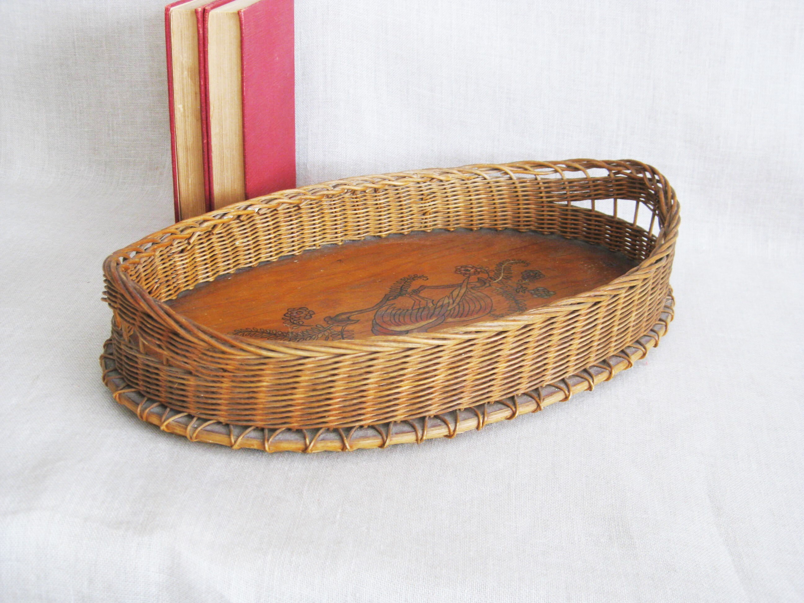 Vintage Wicker Serving Tray Folk Art Hand Painted Bird Motif Signed and