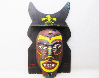 Folk Art Tribal Mask Wood Carving, Figure Portrait Boy Scout Memorabilia, Rustic Cabin Home Décor Man Cave Gift