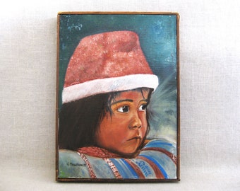 Vintage Child Portrait Painting Original Wall Art Framed Signed G. Meggison IV Rustic Cabin Home Décor Hostess Gift