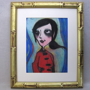 Vintage Female Portrait Drawing, Original Framed Contemporary Oil Pastel Fine Art Décor