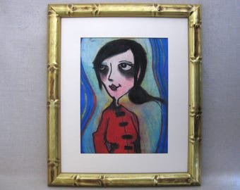 Contemporary Female Portrait Drawing, Framed Oil Pastel Original Fine Art Wall Décor