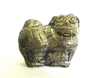 Foo Dog Metal Trinket Box, Vintage Asian Desk and Jewelry Storage and Organization Chinoiseries