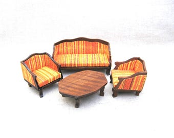Colorful Miniature Dollhouse Sofa and Chairs, Mid-Century Wooden Furniture 70s Orange Stripe Toys