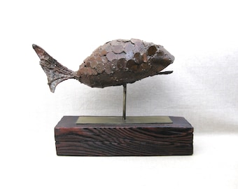 Vintage Folk Art Fish Sculpture, Metal Art Statue Wild Life Art