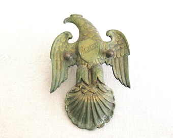 Brass Eagle Door Knocker, Vintage Architectural Embellishment, Bird Wall Sculpture Aged Patina Gift for Parker