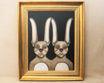 Surreal Rabbit Portrait Painting, Original Odd Creature Framed in Gold Wooden Period Frame