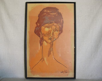 Mid-Century Vintage Female Portrait Fine Art Print Modigliani Framed Classical Fine Art