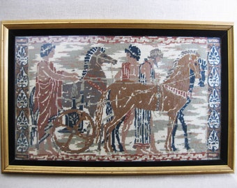 Needle Point Male Portrait Equestrian Horses, Vintage Roman Chariot Framed Wall Décor