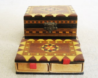 Vintage Trinket Box Match Holder Marquetry Small Storage and Office Organization Jewelry