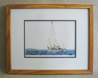 Vintage Sailboat Etching Framed Nautical Wall Décor, Signed John Collette Gift for Him