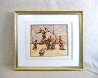 Vintage Elephant Watercolor Painting, Original Framed Circus Theme Animal Art Décor