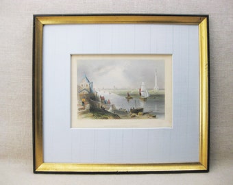 Vintage Landscape Engraving Hand Colored Antique Print, Framed Original Fine Art in Gold Frame
