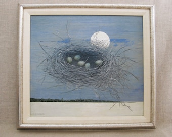 Vintage Surreal Nest Painting, R. Bushong, Framed Original Fine Art